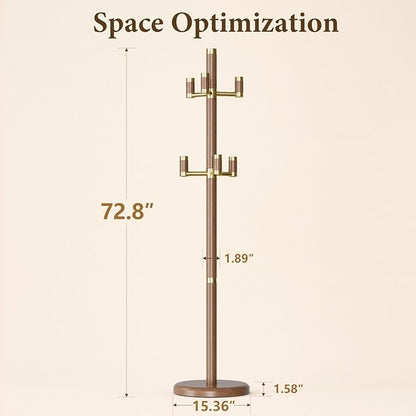 Solid Wood Freestanding Coat Rack with 6 Gold Metal Hooks, Heavy-Duty Freestanding Coat Stand for Coats, Hats, and Bags, Coat Racks for Bedroom, Entryway, and Living Room (Walnut)