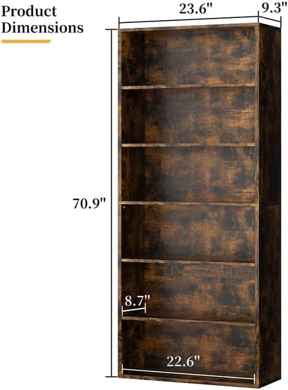 Shintenchi Bookshelf,6-Tier Open Bookcase and Bookshelves,6 Shelf Display Storage Shelves Floor Standing 70.6 inches Tall Bookcase for Home Office, Living Room (Brown)