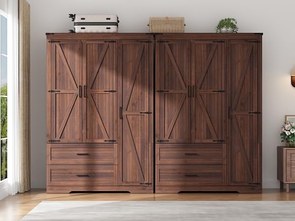 St.Mandyu Farmhouse Wardrobe Armoire Closet with 3 Doors and 2 Drawers, 70.1" Wooden Clothing Storage Cabinet, Freestanding Large Capacity Storage Wardrobe Armoire with Hanging Rod for Bedroom, Brown