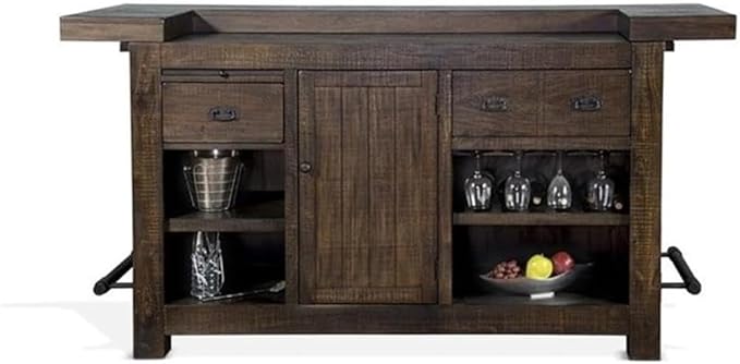 Pemberly Row Wood Home Bar with 4 Shelves and 3 Drawers in Cherry (42" H x 80" W x 28" D) for Home, Kitchen, Dining Room with Storage Cabinet and Wine Rack, Easy Assembly