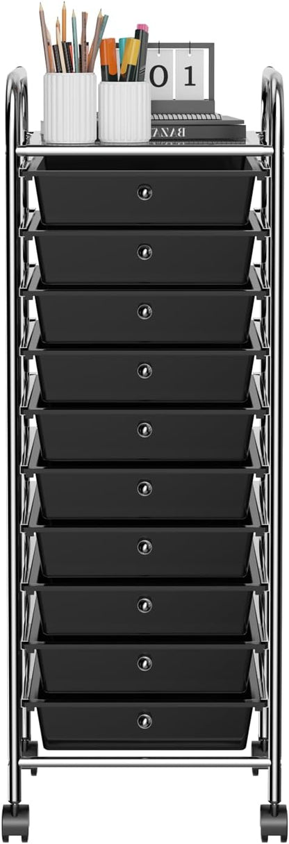 OFFICEJOY Storage Cart, Rolling Utility Cart with 10 Drawers, Portable Handles & Lockable Wheels, Mobile Paper Toys Storage Organizer Large Capacity for Home Office School Teacher (Black)