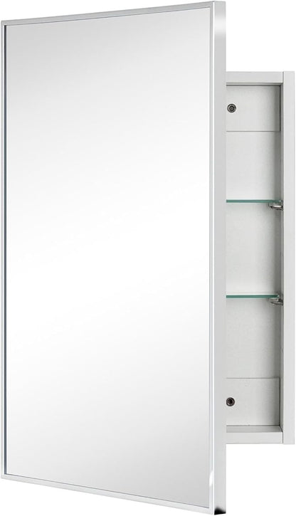 TEHOME 16.5'' x 24'' Chrome Recessed and Surface Mount Bathroom Medicine Cabinet with Mirror Square Cornered Metal Framed Rounded Rectangle Medicine Cabinet Mirror