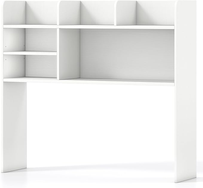 Desk Hutch, Desktop Shelf with 6 Shelves, Desk Bookshelf w/Anti-Toppling Devices, Wood Table Top Bookshelf Organizer, Small Desk Shelf for Study, Office, Dorm (White, 6 Shelves)
