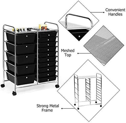 HAPPYGRILL 15-Drawer Rolling Cart, Storage Carts with Removable Drawers & Steel Frame, Utility Cart on Lockable Wheels for Home, School, Office, Black