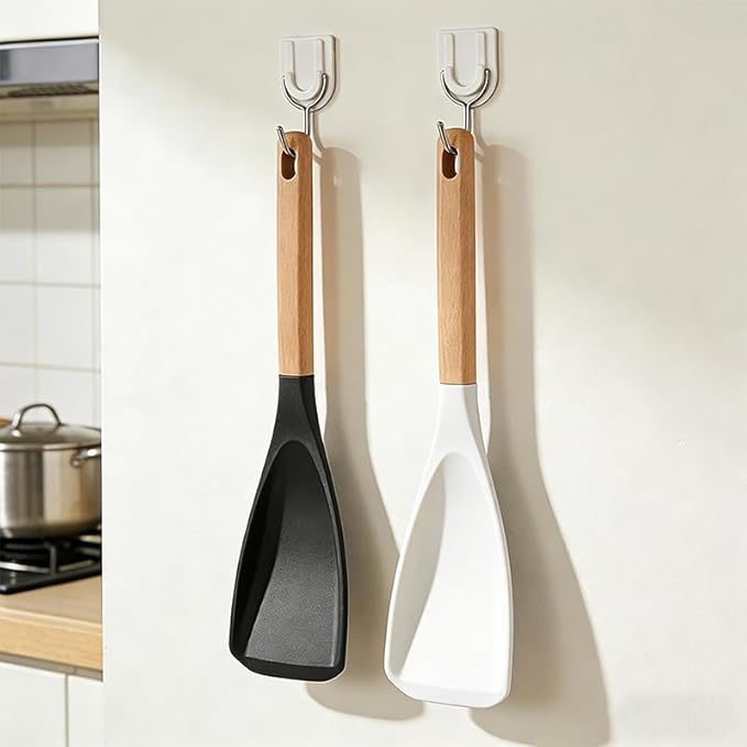 Cooking Spoon for Nonstick Cookwares, Great for Cooking and Serving Sturdy BPA-Free Matte Silicone, Wood Handle Spoon for Mixing, Scoop, and Scrape (Black+White)