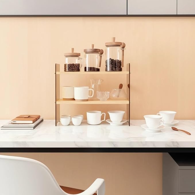 Coffee Station Organizer 2 Tier, Solid Wood Mug Shelffor Coffee Bar,Matcha Station,Tea Storage - Holds Mugs,Beans,Syrup,Cups,Tirrers (Yellowish-Brown, 15.4" L x 5.7" W x 13.4" H)