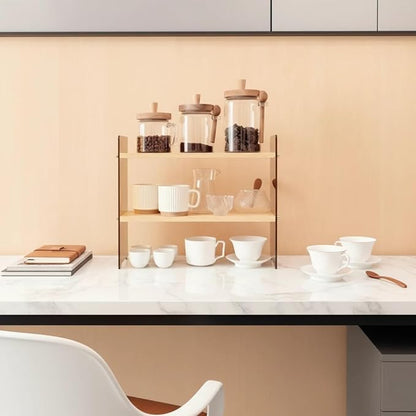 Coffee Station Organizer 2 Tier, Solid Wood Mug Shelffor Coffee Bar,Matcha Station,Tea Storage - Holds Mugs,Beans,Syrup,Cups,Tirrers (Yellowish-Brown, 15.4" L x 5.7" W x 13.4" H)