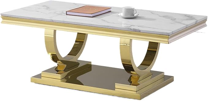 1 Piece Living Room Coffee Table Luxury Faux Marble Center Table, Modern White Gold Coffee Table with Double O Shape Stainless Steel Pedestal Base,1 Table Only