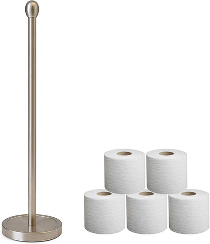 Standing Toilet Paper Holder, 5-Rolls Toilet Paper Stand with Storage, Stainless Steel Bathroom Tissue Holder, Free Standing Floor Tissue Dispenser - Brushed Nickel