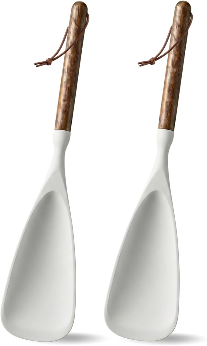 2-Pack Silicone Spoonula with Wooden Handle, BPA-Free Spatula Spoon for Nonstick Cookware, Heat Resistant Cooking Spoon for Mixing, Scraping, Scooping and Serving(White)