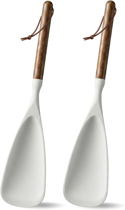 2-Pack Silicone Spoonula with Wooden Handle, BPA-Free Spatula Spoon for Nonstick Cookware, Heat Resistant Cooking Spoon for Mixing, Scraping, Scooping and Serving(White)
