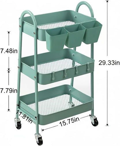 danpinera 3-Tier Rolling Cart, Utility Cart Mobile Metal Rolling Storage Cart with Lockable Wheels & Hanging Cups & Hooks for Kitchen, Bathroom, Office, Workshop, Green