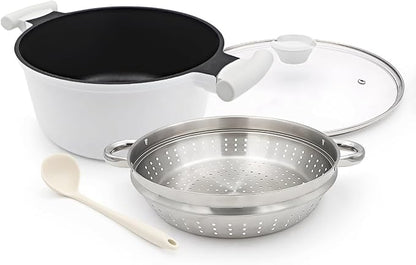7 QT Steamer Pot for Cooking, Large Steaming Pot with Lid, Nonstick Cooking Pot with Vegetable & Dumpling Steamer Basket, Big Food Steamer Cookware, Induction Compatible, PFOA Free, White