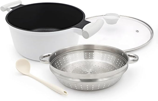 7 QT Steamer Pot for Cooking, Large Steaming Pot with Lid, Nonstick Cooking Pot with Vegetable & Dumpling Steamer Basket, Big Food Steamer Cookware, Induction Compatible, PFOA Free, White