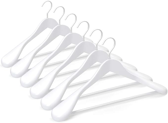 TOPIA HANGER White Wooden Coat Hanger 6 Pack, Wood Suit Hangers,Glossy Finish with Extra-Wide Shoulder, Thicker White Hooks & Anti-Slip Bar,Suitable for Coat, Suit,Dress,Jacket,Heavy Cloth - CT02W