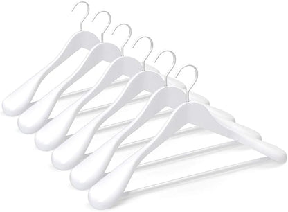 TOPIA HANGER White Wooden Coat Hanger 6 Pack, Wood Suit Hangers,Glossy Finish with Extra-Wide Shoulder, Thicker White Hooks & Anti-Slip Bar,Suitable for Coat, Suit,Dress,Jacket,Heavy Cloth - CT02W