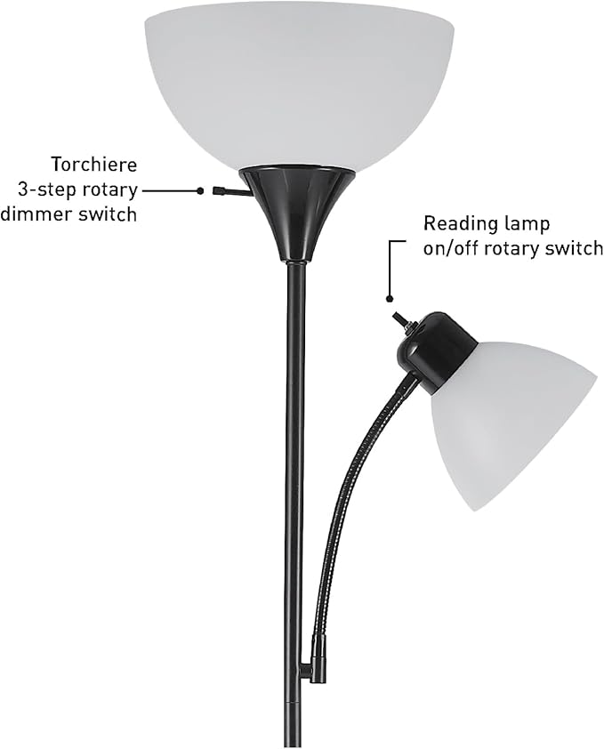 GLOBE Electric 67135 72" Torchiere Floor Lamp and Adjustable Reading Light,Matte Black,Frosted Shade,Dual Rotary Switch,3-Step Dimming,Modern Lighting for Living Room or Office,(Pack of 2)