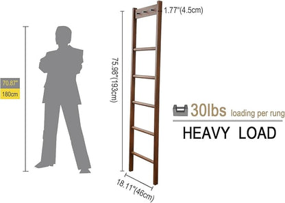 Wooden Blanket Ladder - Natural & Motley Wood - Leaning Wall Decor for Bedroom, Bathroom, Living Room - Rustic Quilt Holder & Towel Rack (Walnut Color + Hook, 76in（5-Tier）)