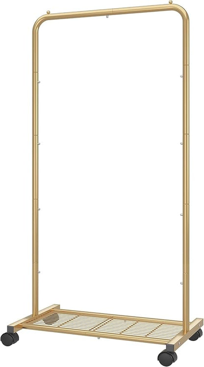 Simple Trending Standard Clothes Garment Rack, Clothing Rolling Rack with Mesh Storage Shelf on Wheels, Golden Yellow
