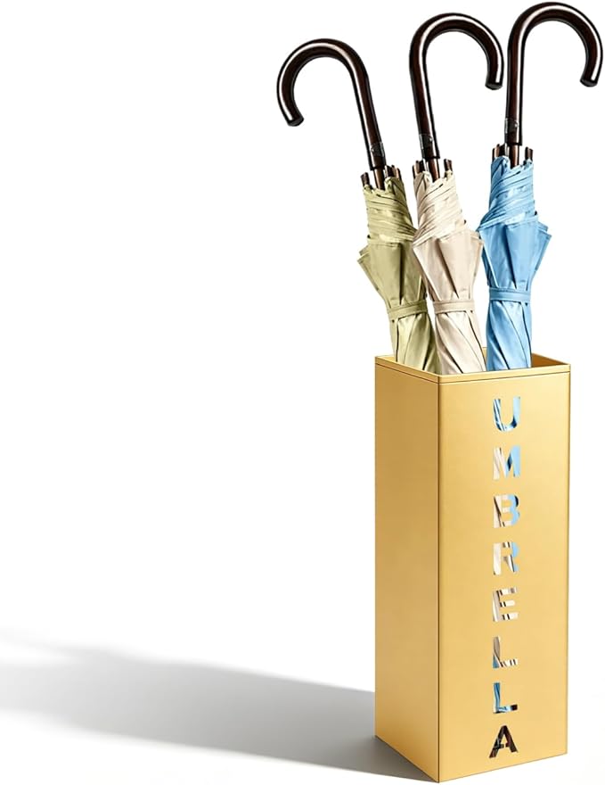 Gold Metal Umbrella Holder, Square Freestanding Umbrella Rack Stand Storage Bucket for Indoor Entryway, Home, Office and Hotel, 16.26 x 6.46 x 6.46 Inch