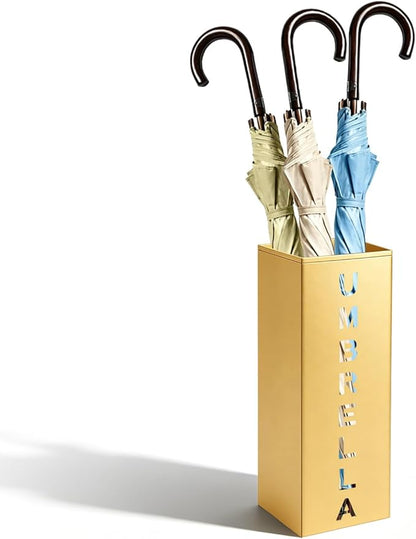 Gold Metal Umbrella Holder, Square Freestanding Umbrella Rack Stand Storage Bucket for Indoor Entryway, Home, Office and Hotel, 16.26 x 6.46 x 6.46 Inch