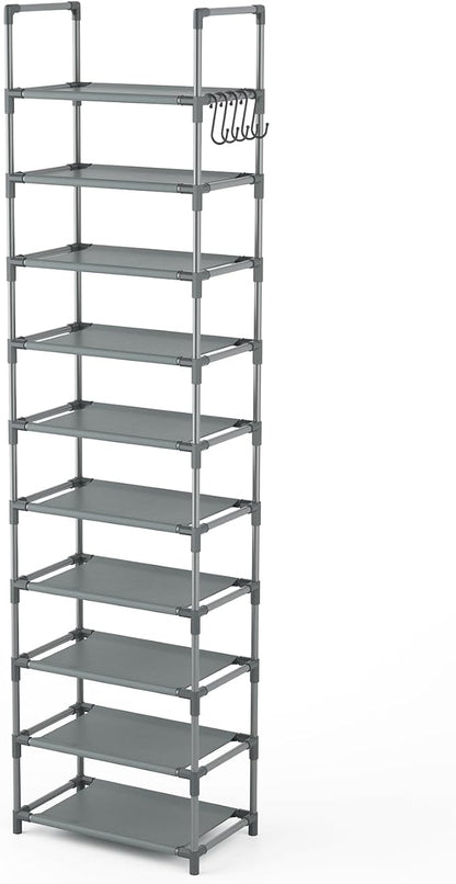 LANTEFUL 10 Tiers Tall Shoe Rack 20-25 Pairs Boots Organizer Storage Sturdy Narrow Shoe Shelf for Entryway, Closets with Hooks, Grey