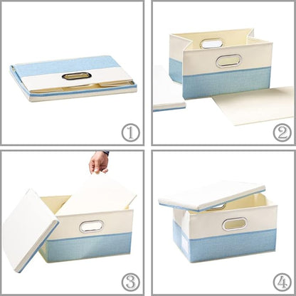 PRANDOM Large Foldable Storage Boxes with Lids [3-Pack] Fabric Collapsible Storage Bins Organizer Containers Baskets Cube with Cover for Home Bedroom Closet Office Nursery Blue&Cream(17.7x11.8x11.8)