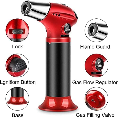 Blow Torch, Home-Grade Kitchen Cooking Torch with Lock Adjustable Flame Refillable Mini Blow Torch Lighter for BBQ, Baking, Brulee Creme,Light Cooking Tasks,DIY Soldering (Butane Gas Excluded)