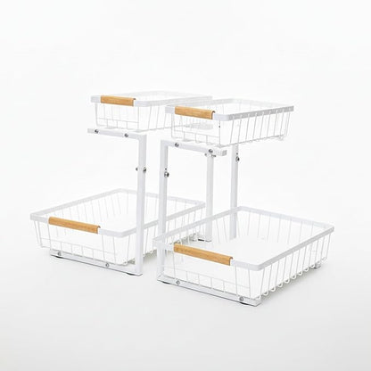 Under Sink Organizer 2 Pack, 2 Tier Pull Out Cabinet Organizers and Storage for Kitchen Bathroom Pantry Laundry, Adjustable Height, Slide Out Thickened Metal Storage Shelf (White, 2 Pack)