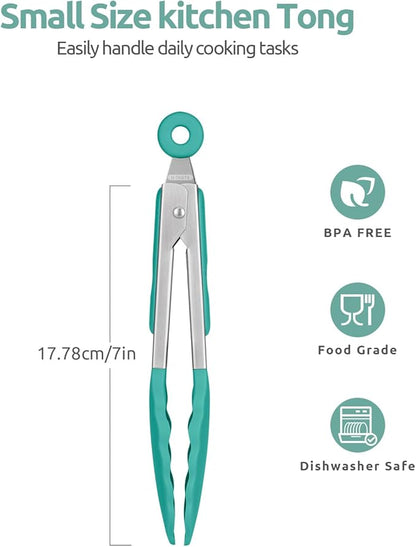 600ºF Heat Resistant Kitchen Tong: U-Taste 7in Silicone Cooking Tong with Firm Sealed Non Stick Rubber Tips & Silicon Coated 18/8 Stainless Steel Handle & Smooth Locking for Serving Salad (Aqua Sky)