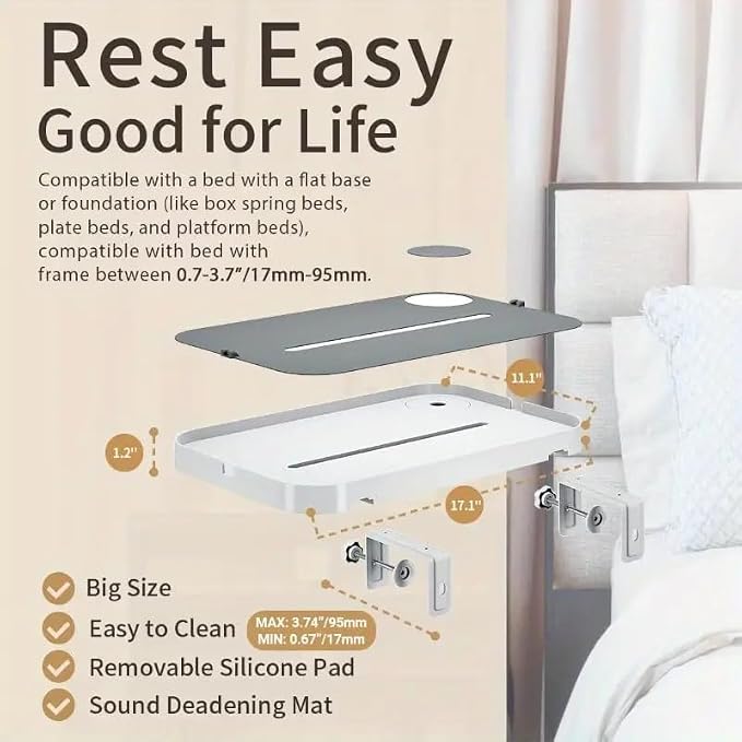 Bedside Shelf for Dorm Room Bunk Bed & Top Bunk, College Dorm Room Essentials, Bedside Caddy, Clip on Floating Desk Tray, Bed Side Table Storage, Loft Nightstand Decor - Cable Catch, Black