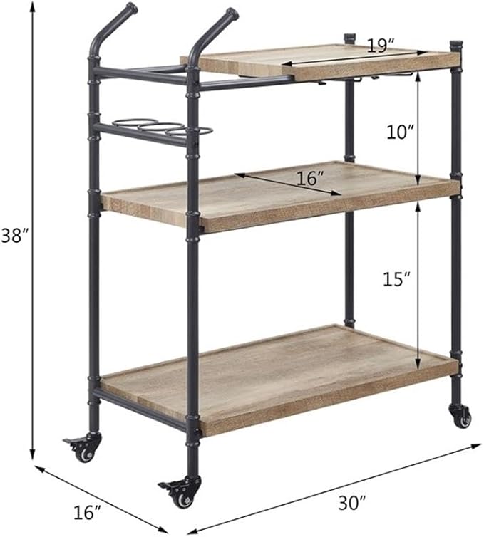 Acme Brantley Serving Cart with 3 Wooden Shelves in Oak and Sandy Black