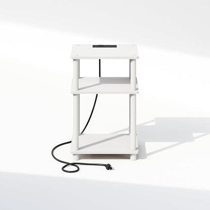 Furinno JUST Night Stand, 3-Tier Turn-N-Tube Nightstand with Charging Station, Bedside Table, End Table, Side Table with USB and Type-C Port, for Bedroom, Closet, Dorm, White