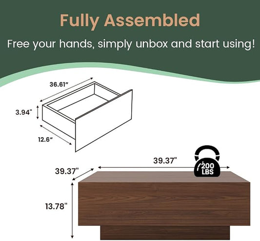 POVISON Modern Square Coffee Table with Storage, 39.37" Wood Coffee Table for Living Room Home Office, Fully-Assembled Walnut