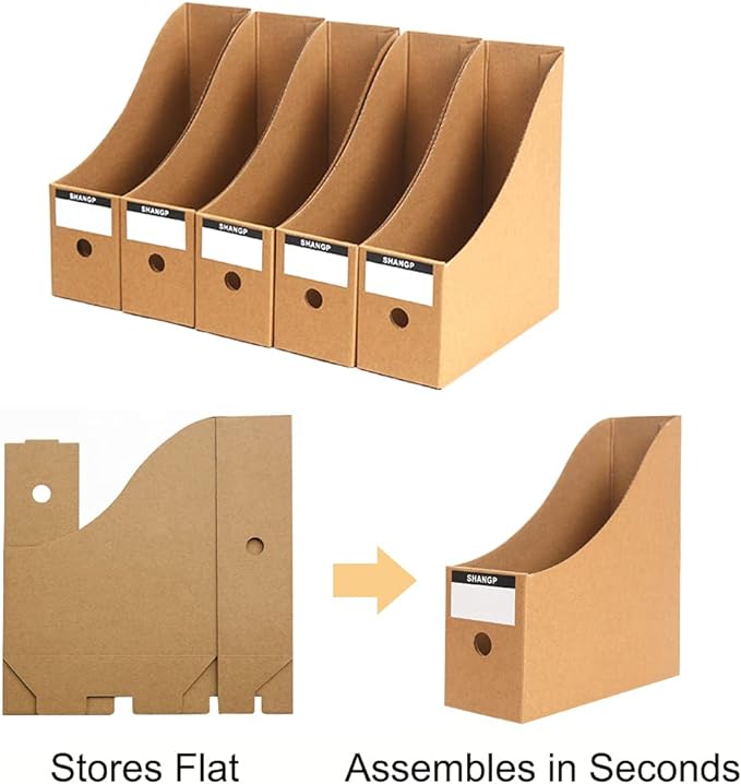 Foldable Desk File Holder Organizer Sturdy Cardboard Magazine Storage Box Document Rack with Blank Label Stickers for Home School Office (5, Brown)