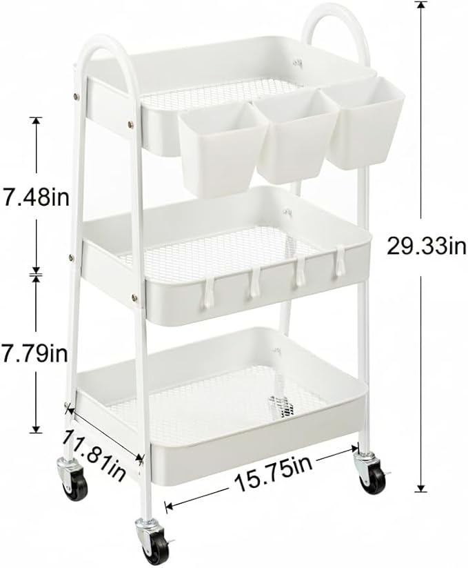 danpinera 3-Tier Rolling Cart, Utility Cart Mobile Metal Rolling Storage Cart with Lockable Wheels & Hanging Cups & Hooks for Kitchen, Bathroom, Office, Workshop, White