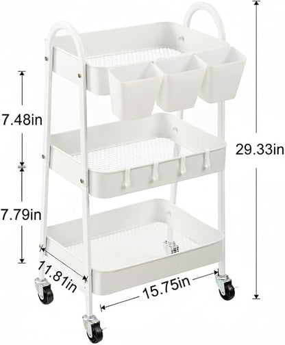 danpinera 3-Tier Rolling Cart, Utility Cart Mobile Metal Rolling Storage Cart with Lockable Wheels & Hanging Cups & Hooks for Kitchen, Bathroom, Office, Workshop, White