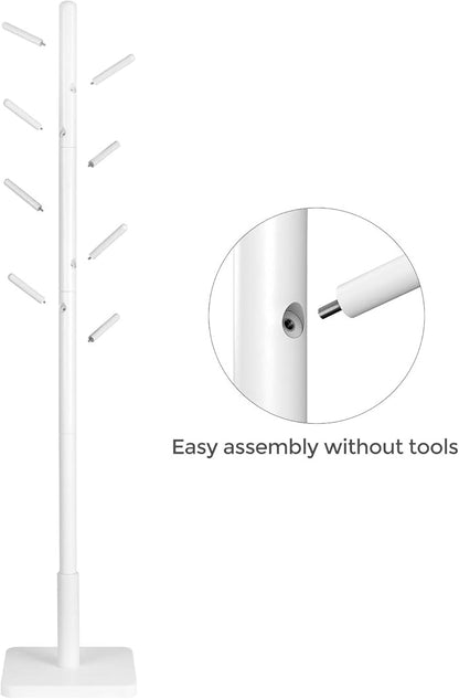 VASAGLE Solid Wood Coat Rack, Free Standing Hall Coat Tree with 8 Hooks, 3 Height Options, for Coats, Hats, Bags, Purses, for Entryway, Hallway, Rubberwood Hooks and Pole, Cloud White URCR010W02