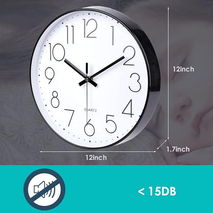 jomparis 12 Inch Wall Clock Silent Non Ticking Battery Operated Quartz Modern Decorative Round Wall Clock for Office Classroom School (Black)