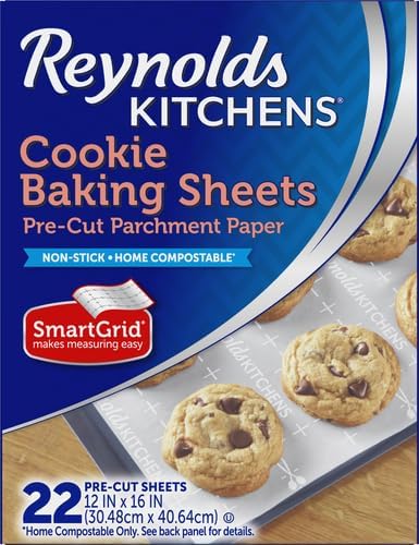 Reynolds Kitchens Cookie Baking Sheets, Pre-Cut Baking Parchment Paper Sheets for Cookies, Oven-Safe up to 425 Degrees, Reusable Up to 3X, No-Mess Cleanup, 12 in x 16 in, 22 Count (Pack of 2)