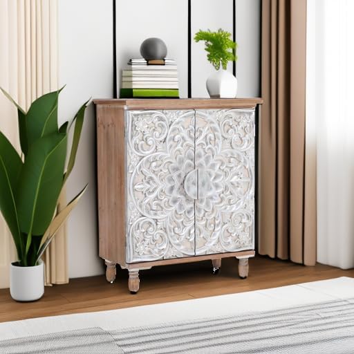Sophia & William Accent Cabinet with Doors, Distressed Decorative Storage Cabinet with Wood Frame and Silver Embossed Pattern for Entryway Living Room