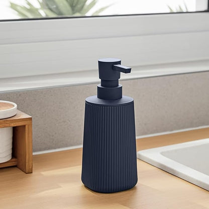 Small Soap Dispenser for Bathroom and Kitchen, Modern Farmhouse Striped Style Plastic Hand Soap Dish Soap Dispenser with Pump Matte Blue