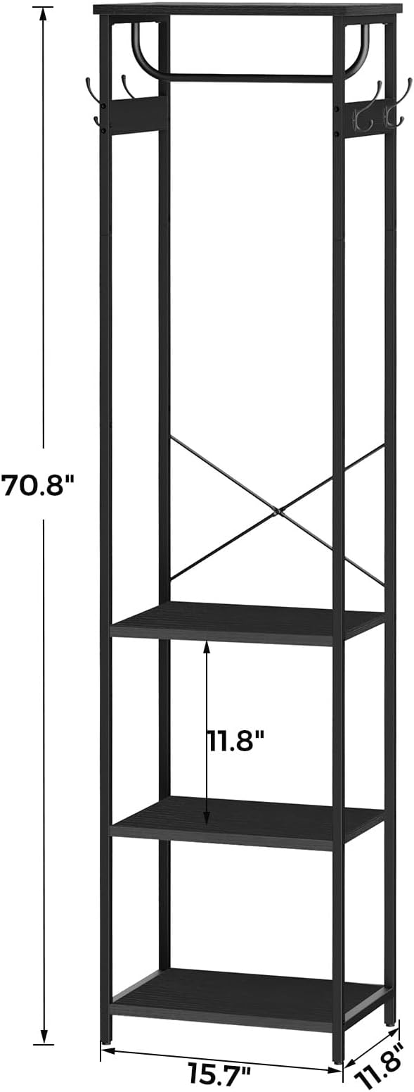 Coat Rack With Hanging Rod, Garment Rack With 3 Wooden Shelves and 4 Hooks, Freestanding Hall Tree, Industrial Clothes Rack Stand Organizer, Black