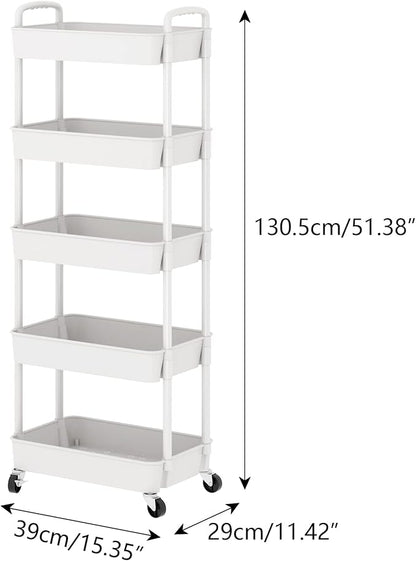 Sywhitta 5-Tier Plastic Rolling Utility Cart with Handle, Multi-Functional Storage Trolley for Office, Living Room, Kitchen, Movable Storage Organizer with Wheels, White