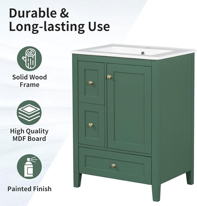 Merax 24 inch Bathroom Vanity with Drawers, Modern White Vanity for Small Bathroom with Adjustable Shelf & Removable Dividers, Easy to Clean Glossy Finish, Dark Green