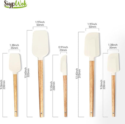 5 Pcs Silicone Spatula Set,Food Grade Silicone Spatula Nonstick Rubber Spatulas with Wooden Ergonomic Grip,Spoonula,Jar Scraper for Cooking,Baking,Mixing,Frosting-Heat Resistant Up to 428°F(Off White)