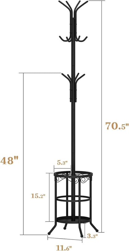 Coat Rack Freestanding with Umbrella Holder – Metal Hanger Stand, Hall Tree with 12 Hooks, Entryway Organizer for Hats, Bags, and Clothes (Black)