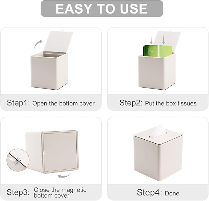 KINGFOM Leather Tissue Box Cover – Square Modern PU Leather Tissue Holder, Cube Tissue Dispenser for Home, Office, Bedroom, Bathroom – Elegant Minimalist Style (Ivory White-Square)