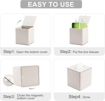 KINGFOM Leather Tissue Box Cover – Square Modern PU Leather Tissue Holder, Cube Tissue Dispenser for Home, Office, Bedroom, Bathroom – Elegant Minimalist Style (Ivory White-Square)
