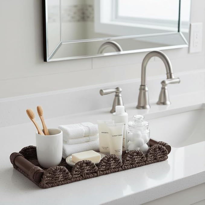 CubesLand Bathroom Toilet Paper Tray Organizer, Scalloped Decorative Tray w/Wood Handle for Counter, Shelves, Wicker Tray for Farmhouse Rustic Home Decor, Coffee Table Decor, Seasonal Decor, Brown